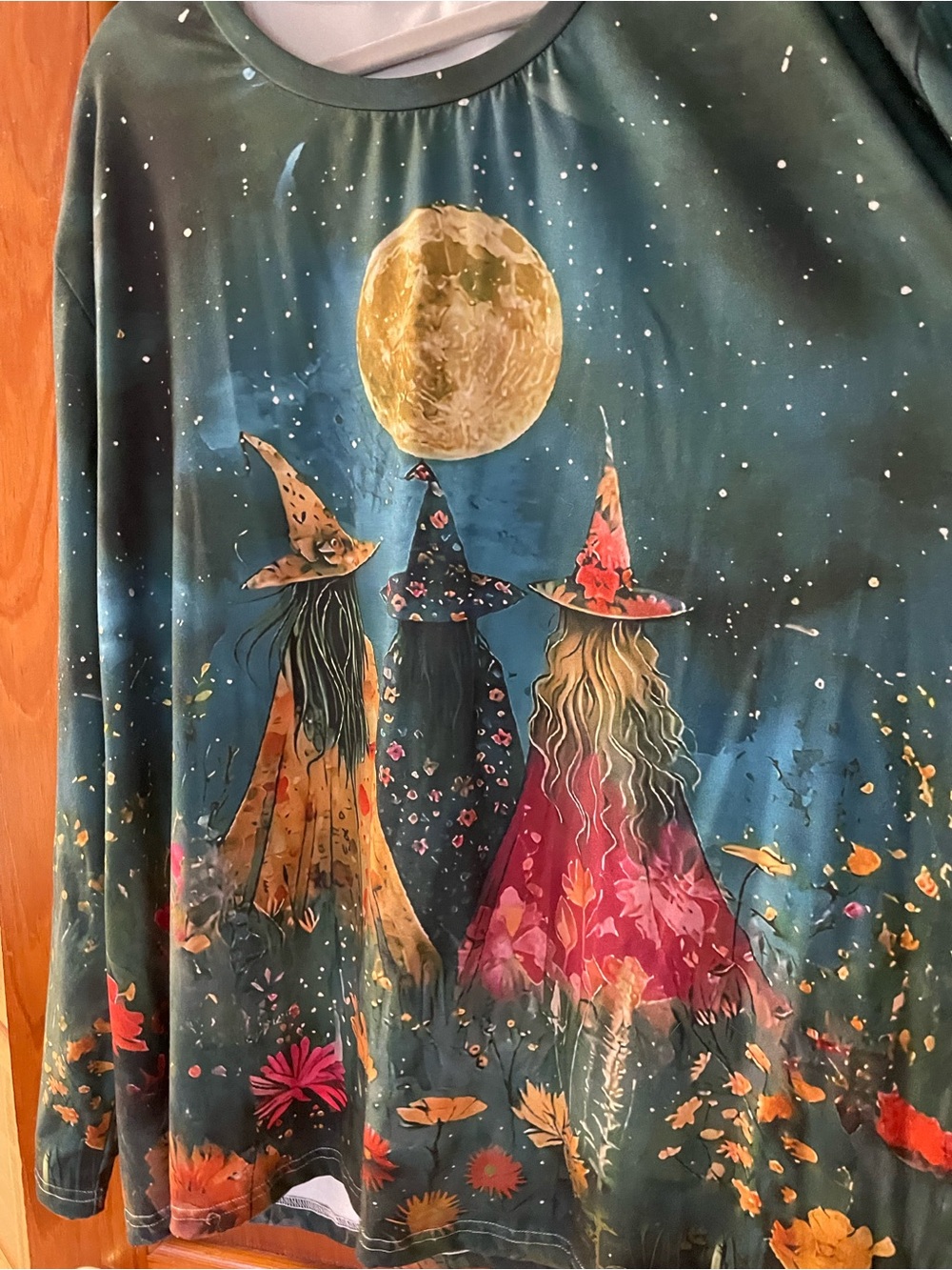 Women's Long Sleeve Graphic Tee - Dark Green Moon & Witches